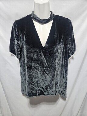 Madewell Velvet Choker Neck Top Medium Black Green Sheen Silk Blend Short Sleeve